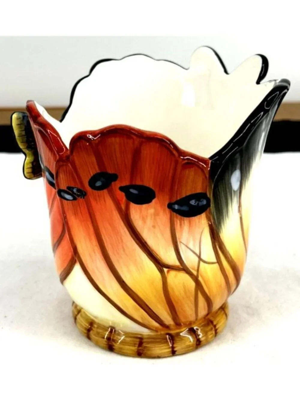 Butterfly Wings Vase Porcelain Majolica Orange Brown Blue Applied Butterfly 5.5